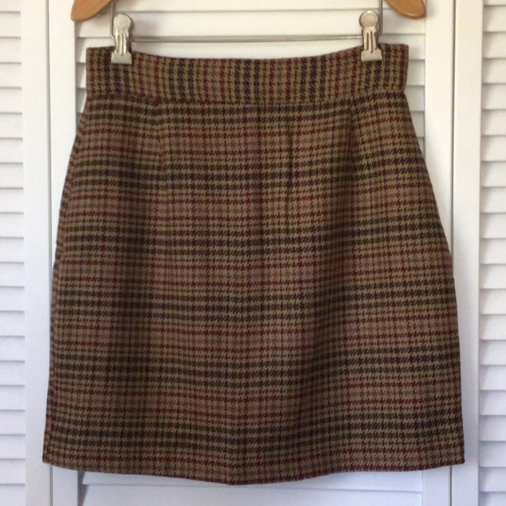 Vintage Expressions brown, blue, burgundy, green herringbone 100% wool skirt, 10 - Picture 1 of 4